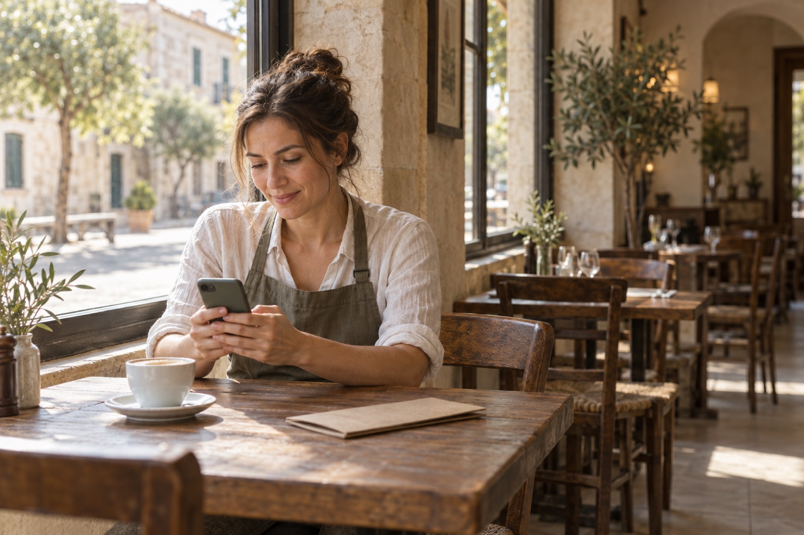 A restaurant manager at a sunlit window table checks a phone, with a coffee cup and a folded menu beside them.