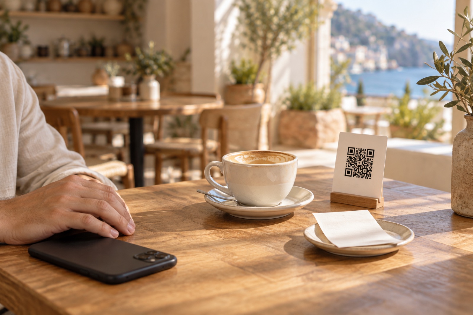 A small printed QR code card propped beside a cup of coffee and a folded bill on a sunlit café table.
