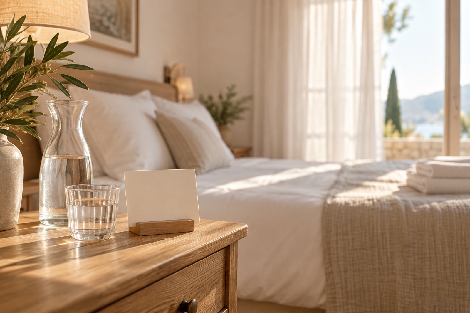 A small blank card on a wooden stand beside a water carafe on a hotel bedside table, with morning sunlight falling across a freshly made bed.