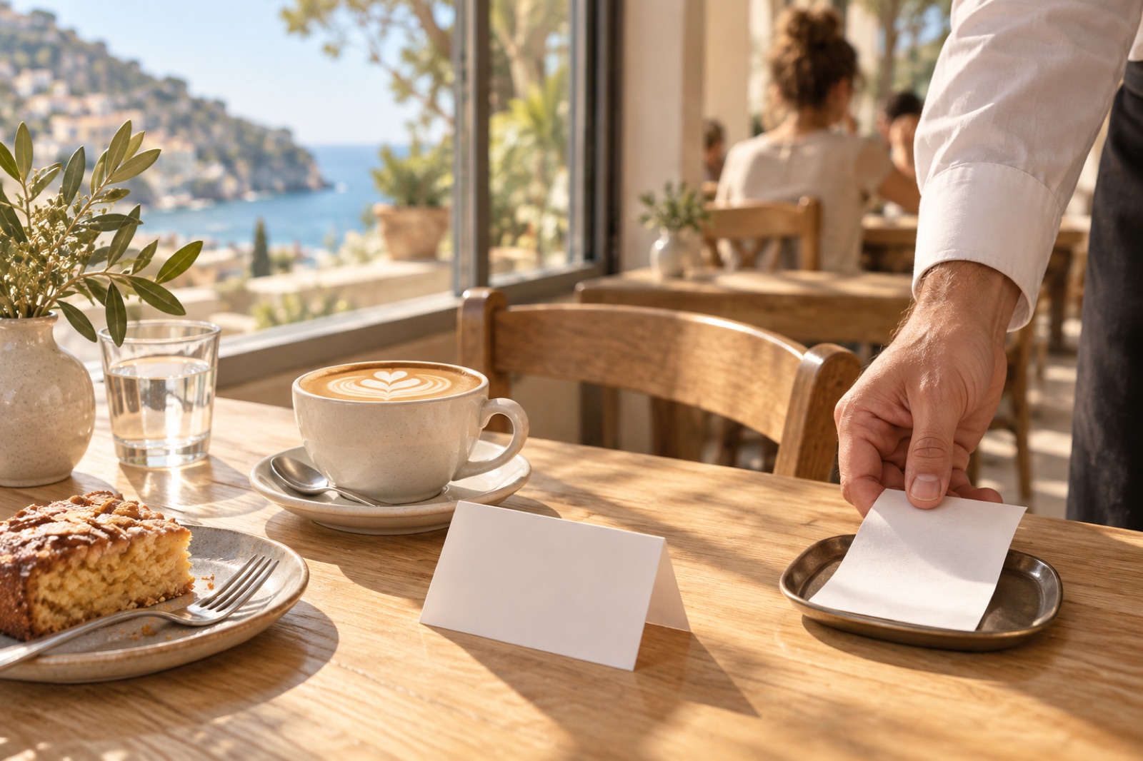 A café table in soft morning light with a coffee, a slice of cake and a blank folded table card as a waiter sets down the bill.
