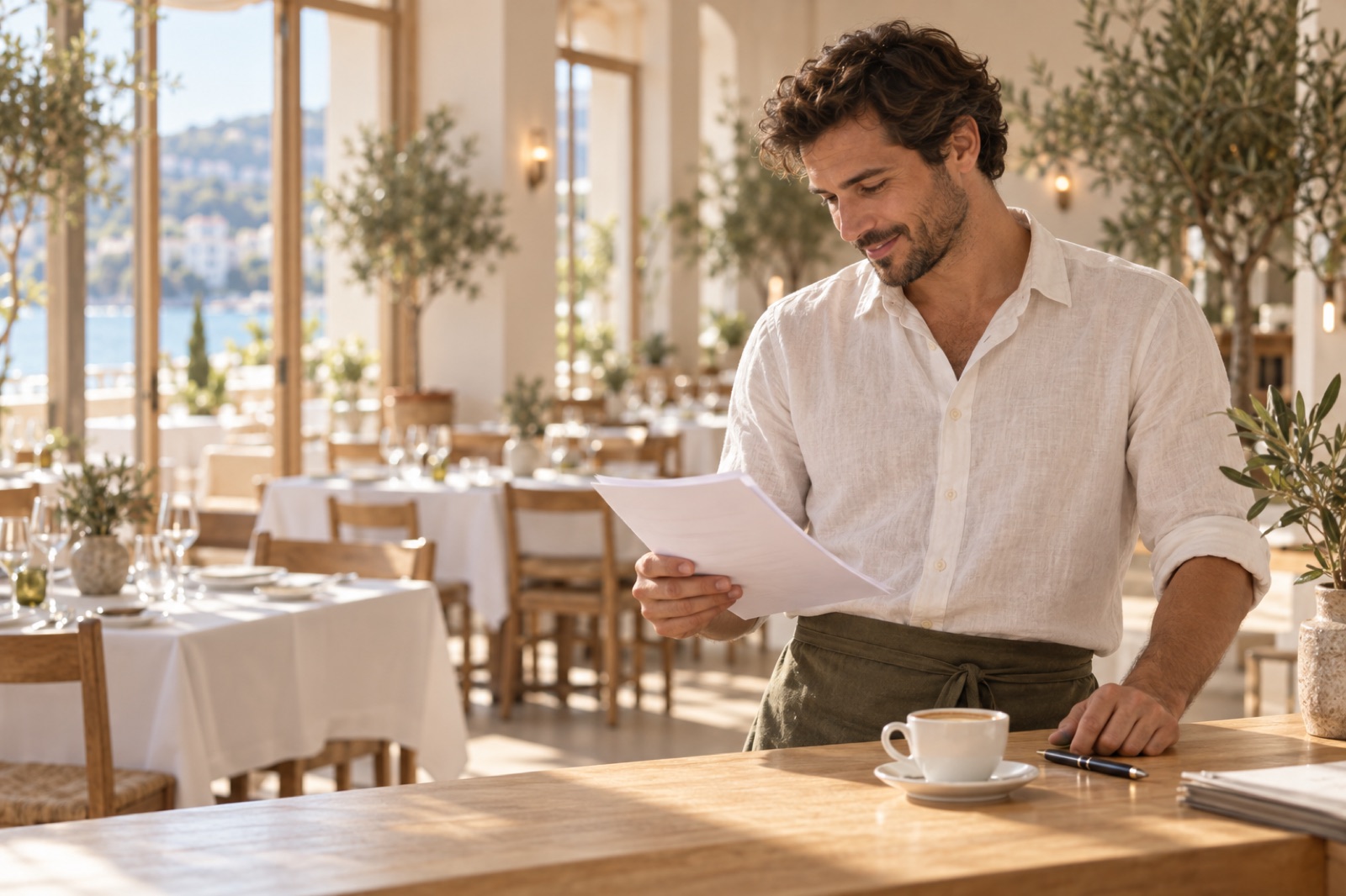 A restaurant manager reads printed paperwork with a pen at a sunlit wooden counter before service, with set tables softly out of focus behind.