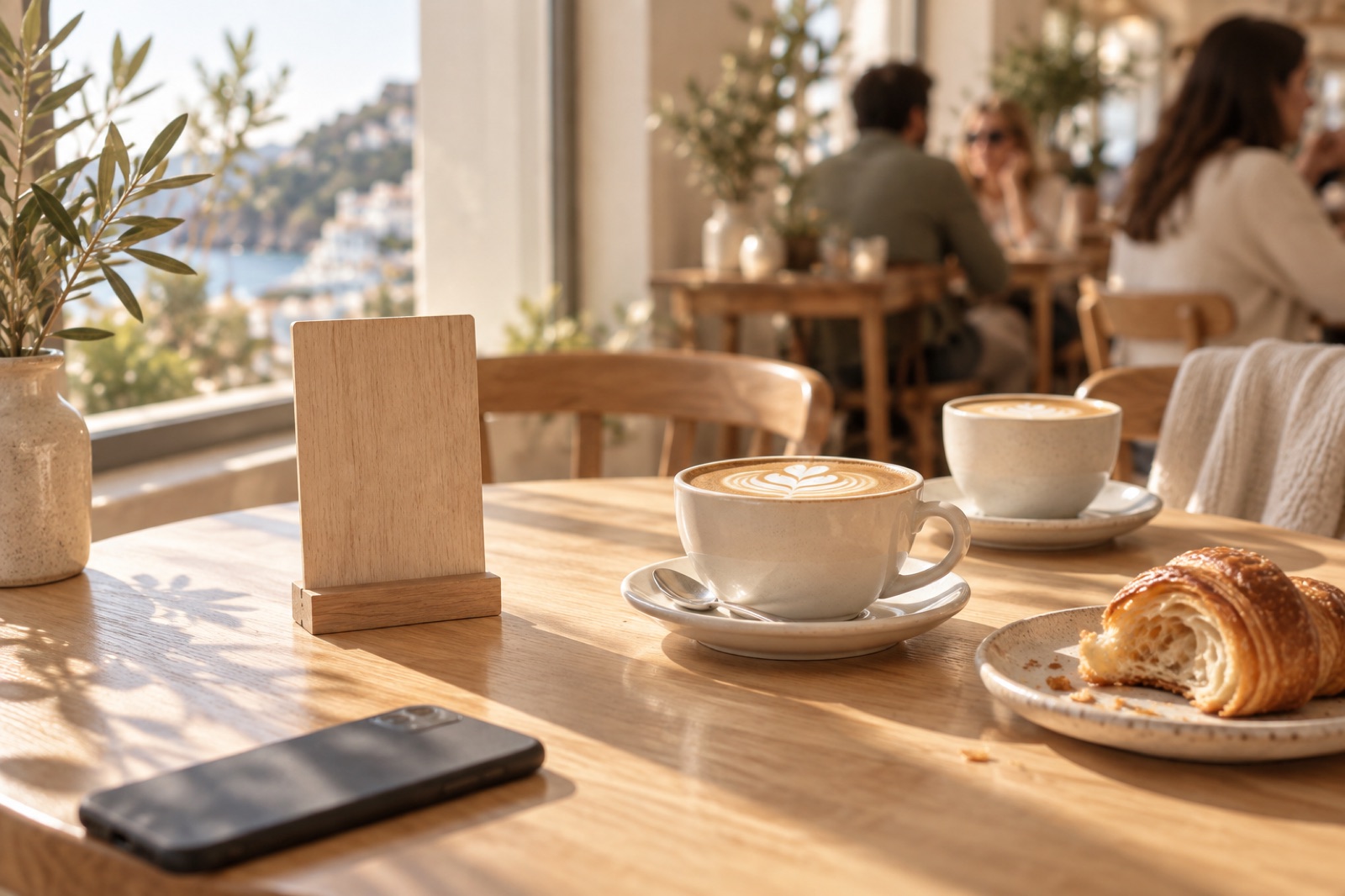 A café table by a sunny window with a blank wooden table card, two cups of coffee, a half-eaten pastry and a phone lying face down, with diners softly blurred in the background.